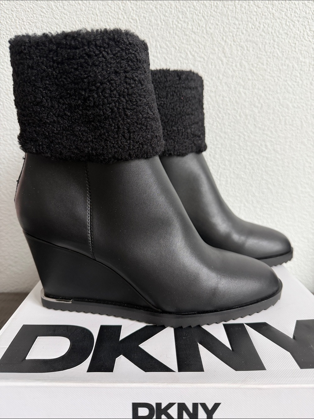 DKNY Women's Powell Faux Shearling Wedge Bootie NIB